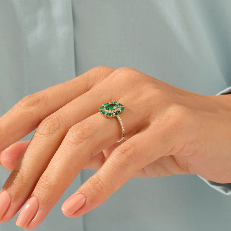 14k Real Gold Emerald Flower Statement Ring for Women