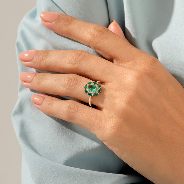 Women's Floral Statement Ring with Emerald Colored Stones