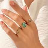 Women's 14k Real Gold Flower Design Ring with Green Stones