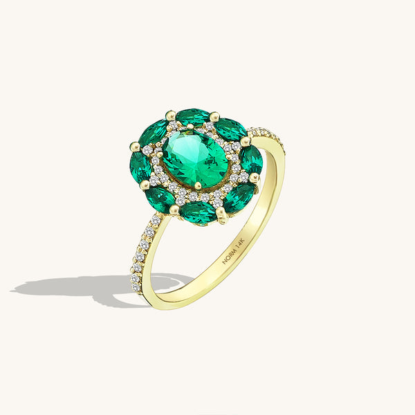 Emerald Flower Cocktail Ring in 14k Solid Gold