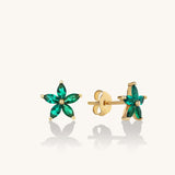 Emerald Flower Stud Earrings in 14k  Solid Gold