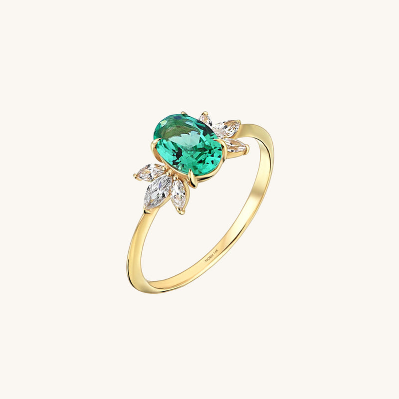 Emerald Flower Solitaire Ring in 14k Solid Yellow Gold