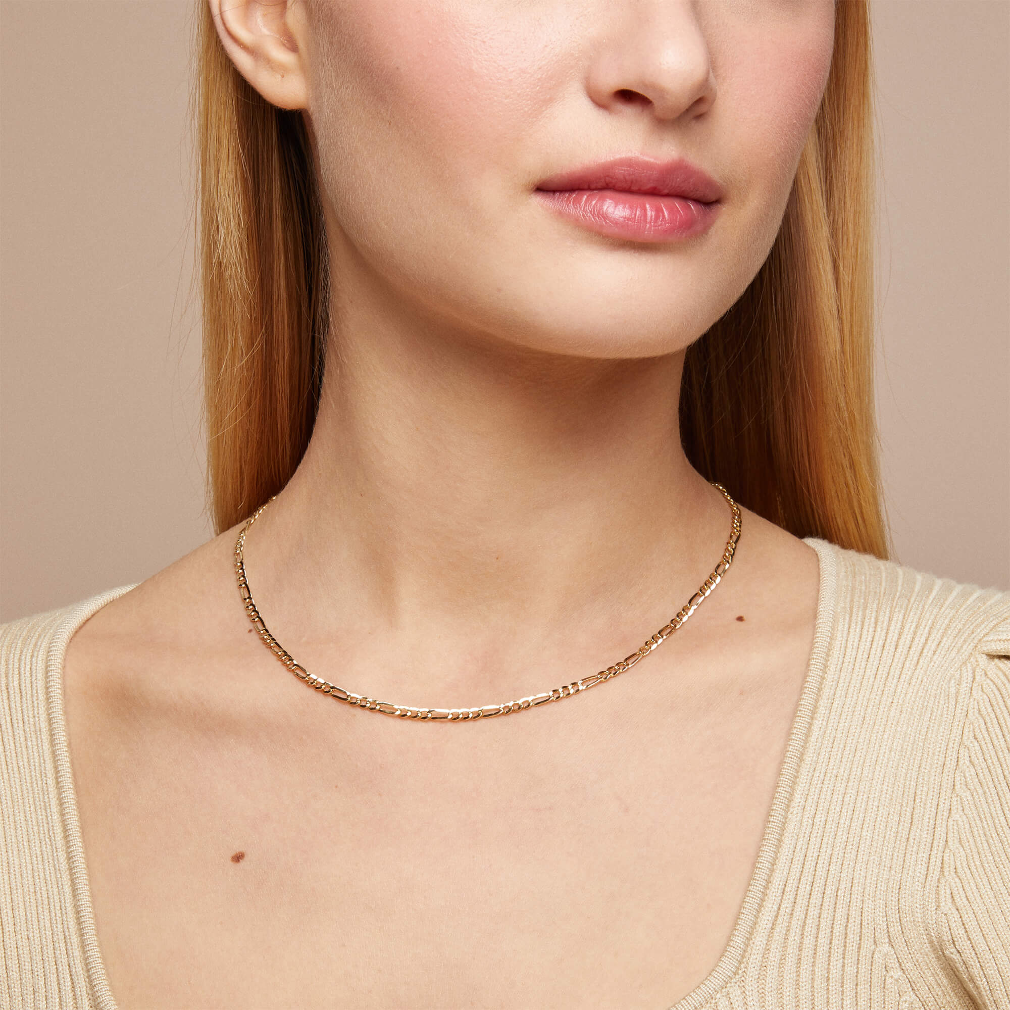 Classic 1mm Figaro Chain Necklace in 14k Real Yellow Gold for Women