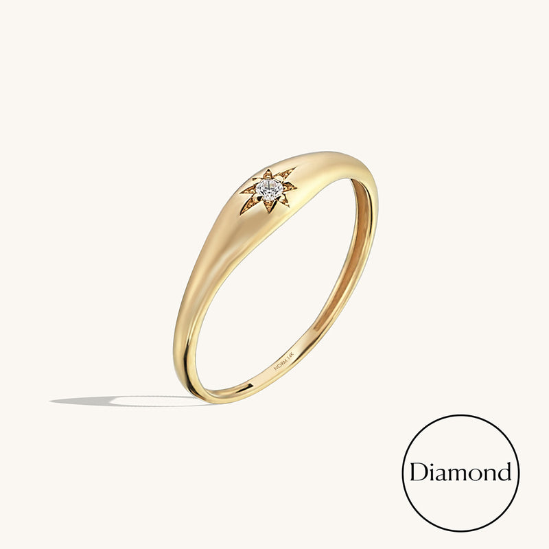 14k Real Gold Diamond Star Signet Ring for Women