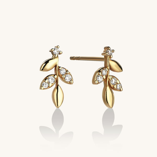 Leaf Earrings Paved with CZ in 14k Solid Gold