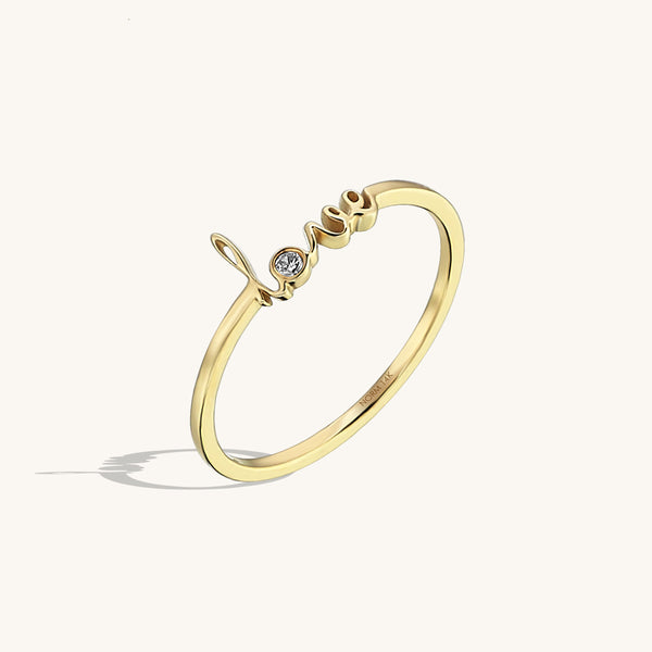 14k Real Yellow Gold Love Script Stackable Ring