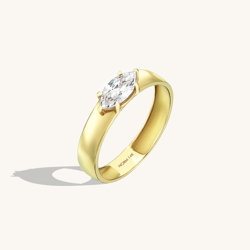 Women's 14k Solid Gold Bold Band Ring with Marquise Stone