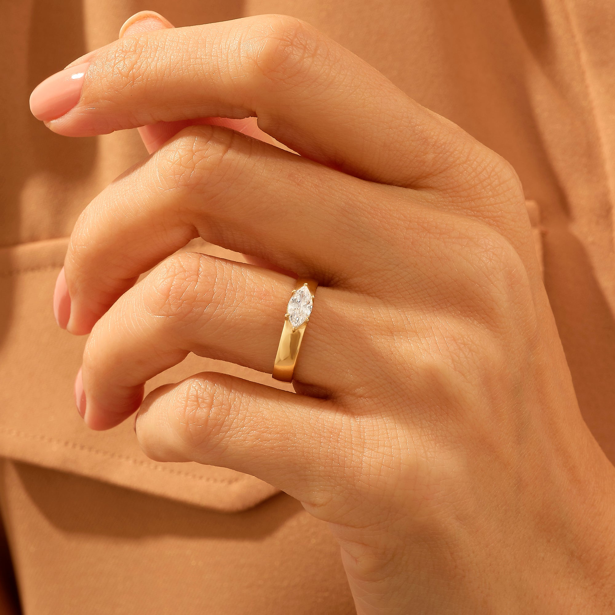 Women's 14k Solid Yellow Gold Thick Band Ring with Marquise