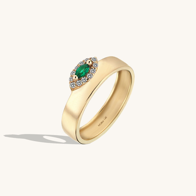 Marquise Cut Emerald Band Ring in 14k Solid Yellow Gold