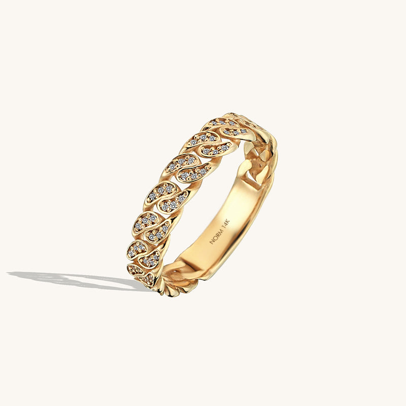 Minimalist Cuban Links Chain Ring Paved with CZ in 14k Solid Gold