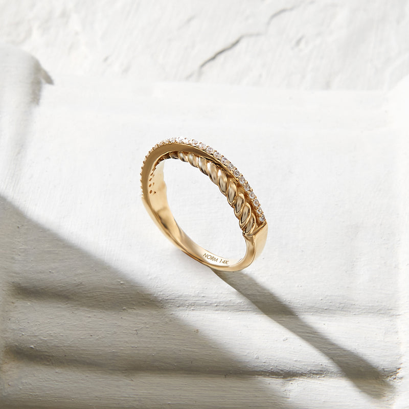 Premium Twisted Stacking Ring Paved with White CZ Stones in 14k Real Gold