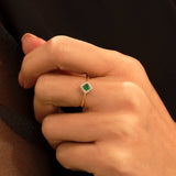 Emerald Solitaire Ring Paved with CZ Stones in 14k Solid Gold