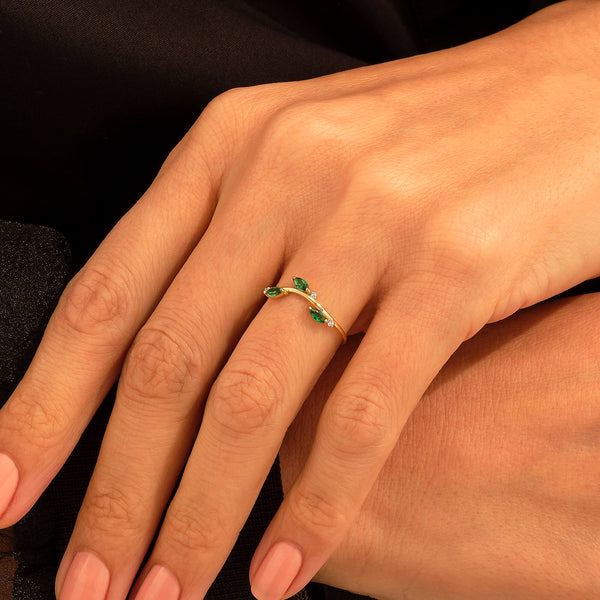 Emerald Leaf Ring in 14k Solid Gold