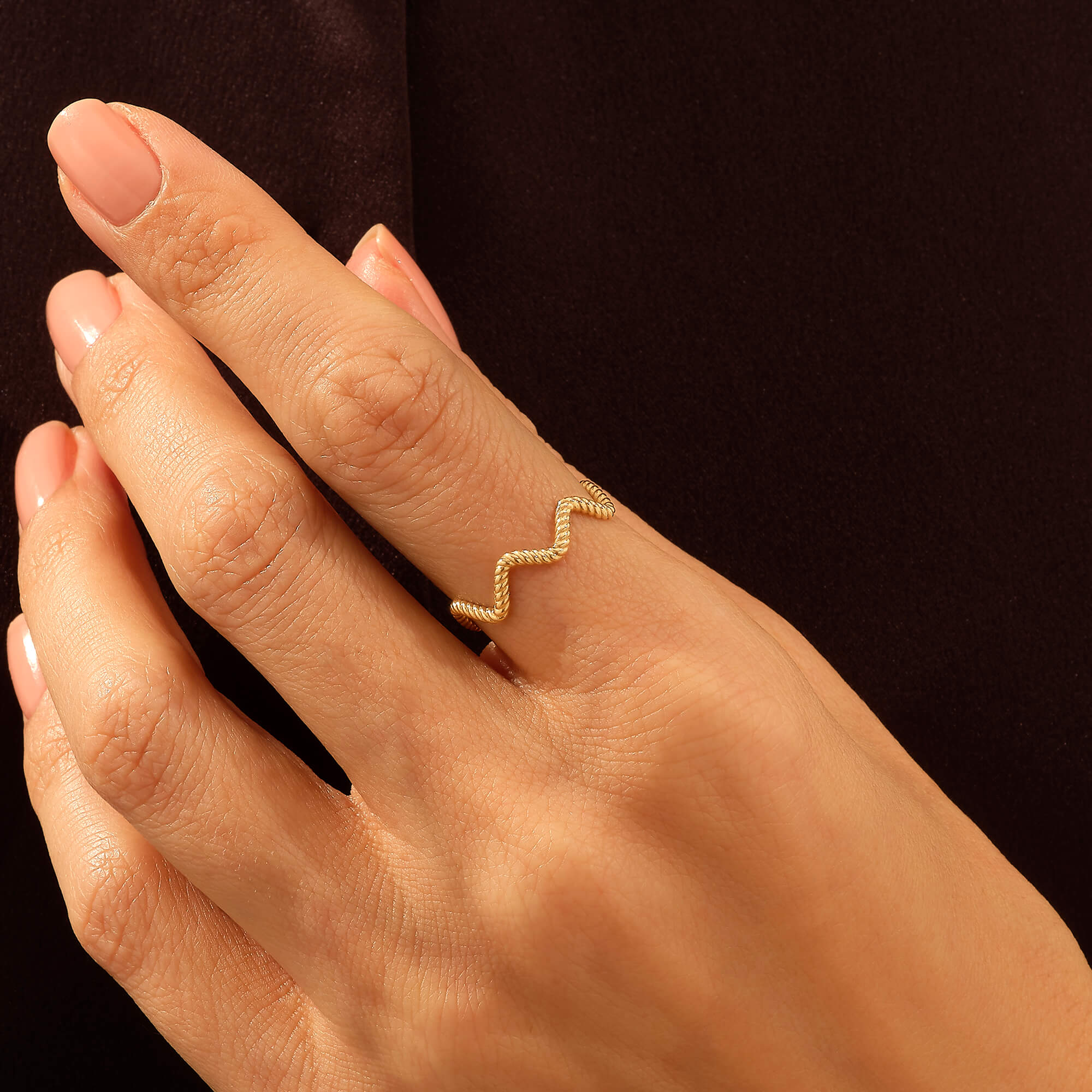 Solid Yellow Gold Stackable Twisted Zigzag Ring