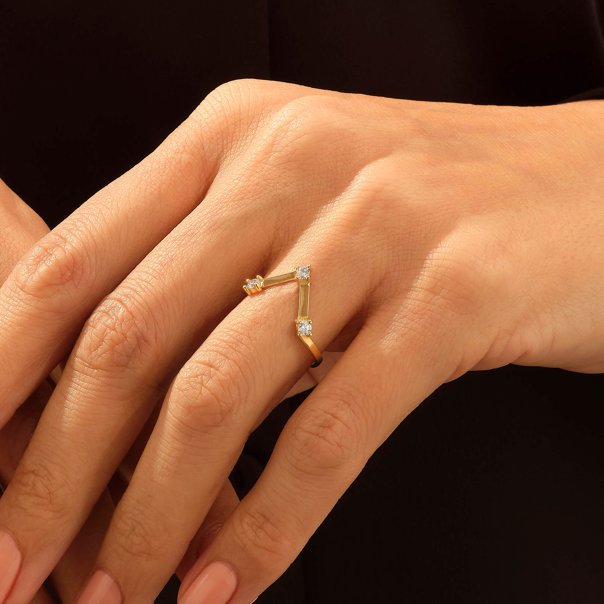 14k Solid Gold V Ring with White Stones
