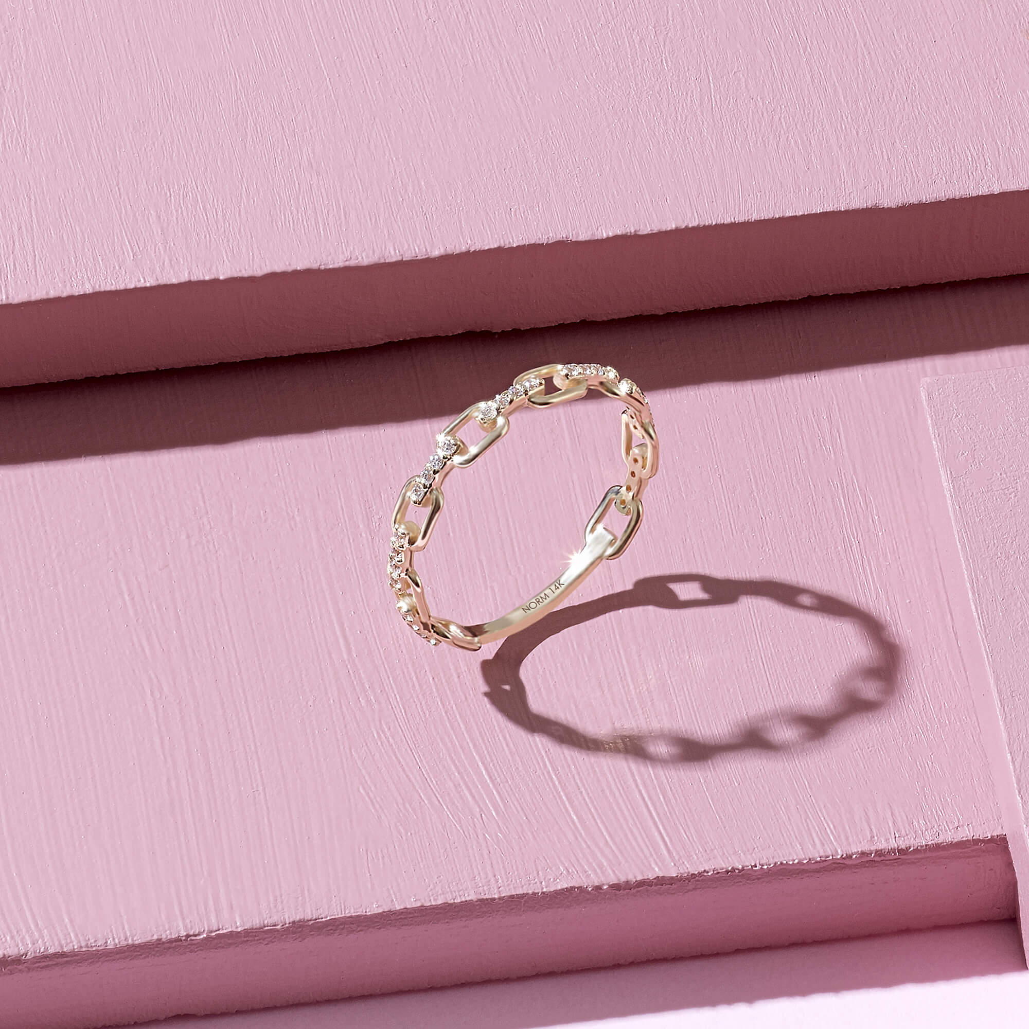 Open Link Chain Ring with White CZ in 14k Solid Gold