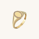 Women'ss CZ Paved Engravable Oval Signet Ring in Solid Gold