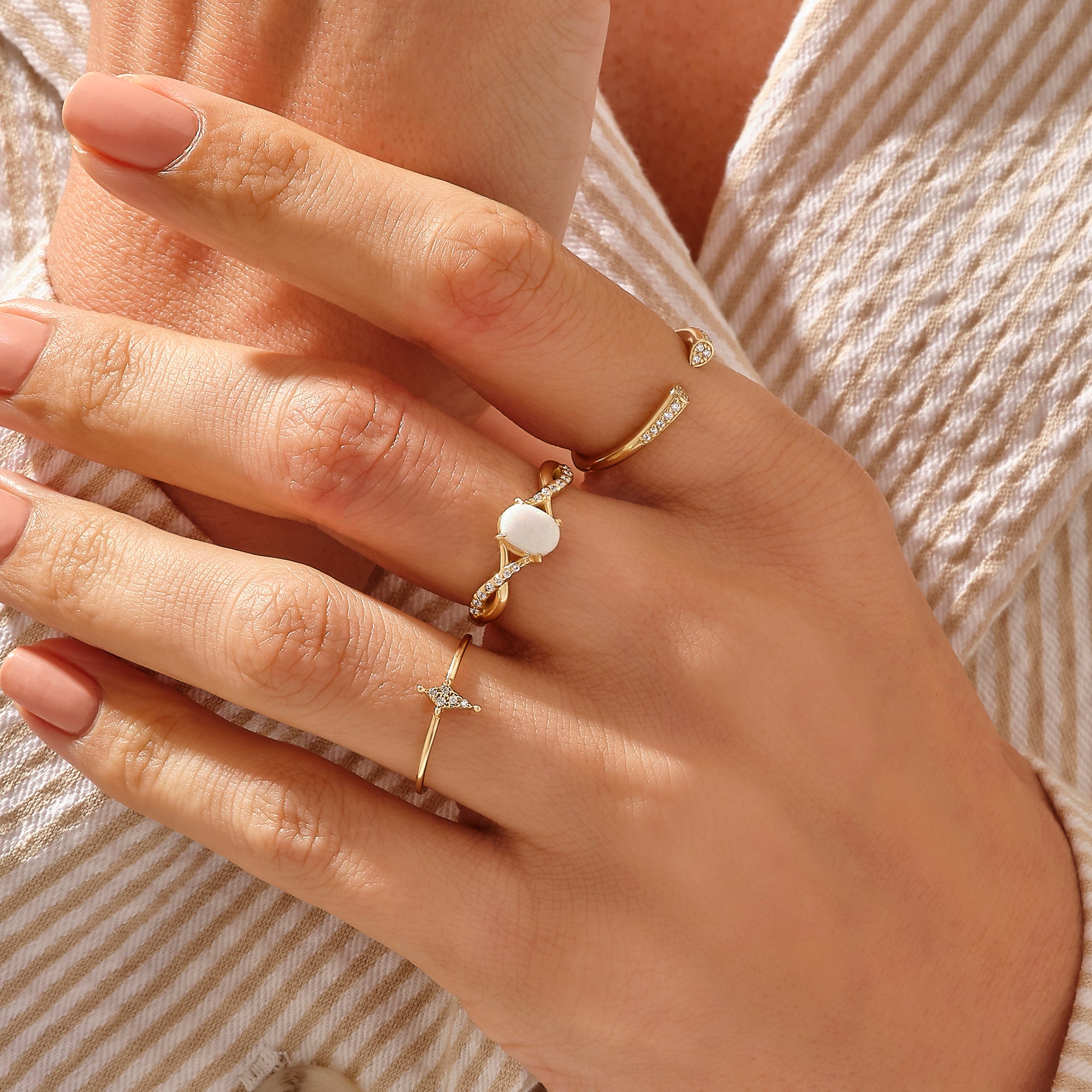 14k Real Yellow Gold Paved Open Cuff Stacking Ring