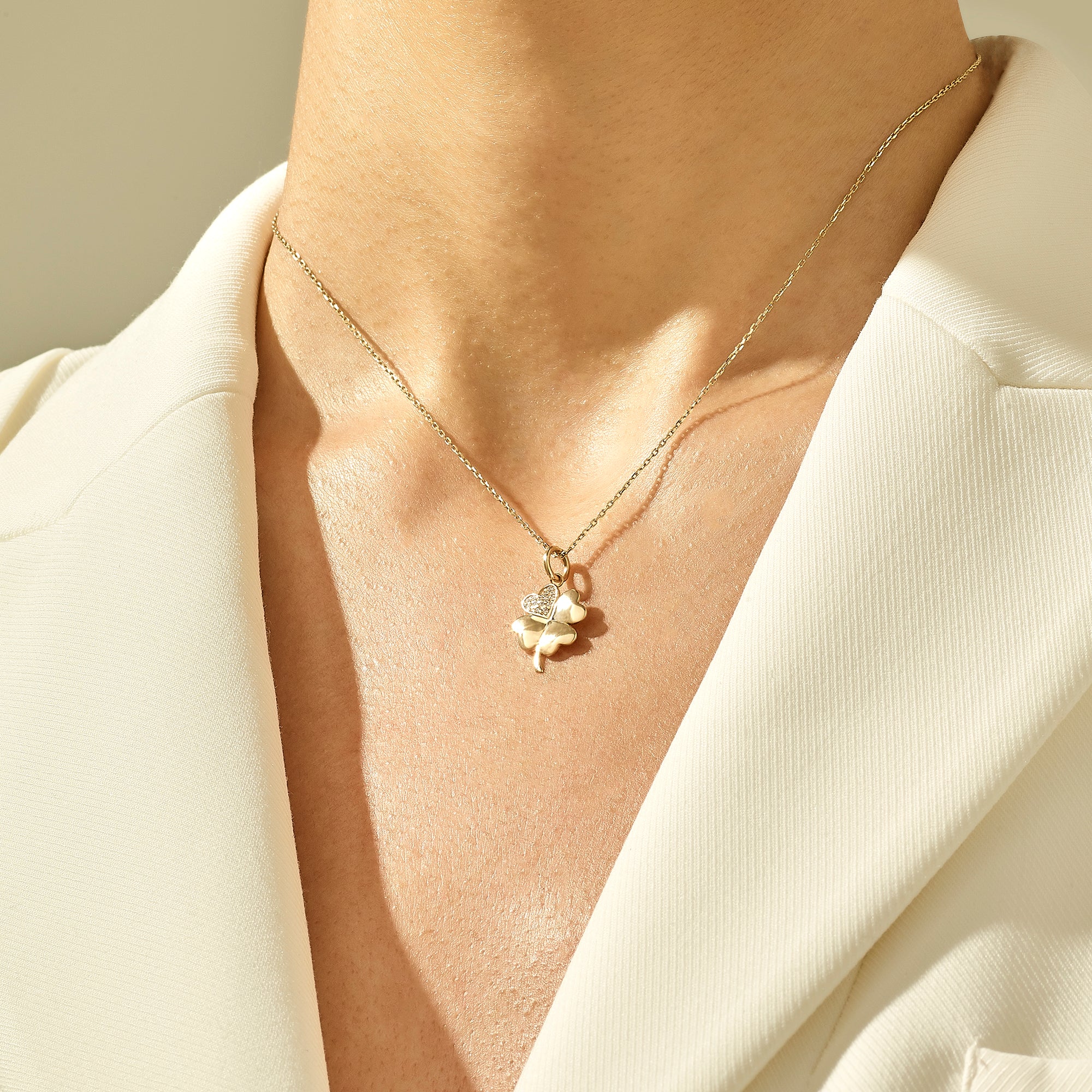Women's Shamrock Pendant Necklace Paved with Cubic Zirconia in 14k Solid Gold