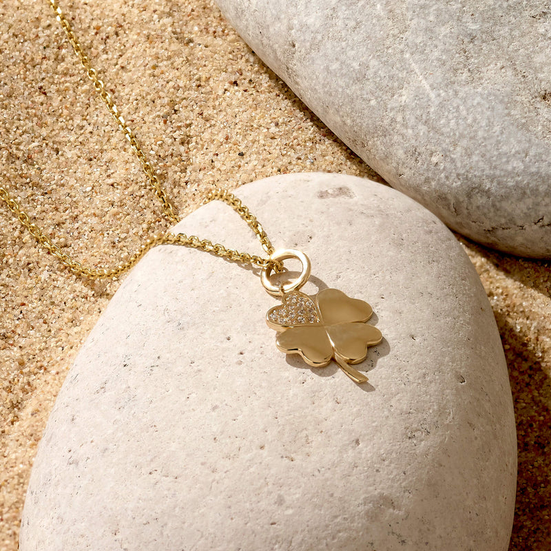 Women's Four Leaf Clover Pave CZ Pendant Necklace in 14k Solid Gold
