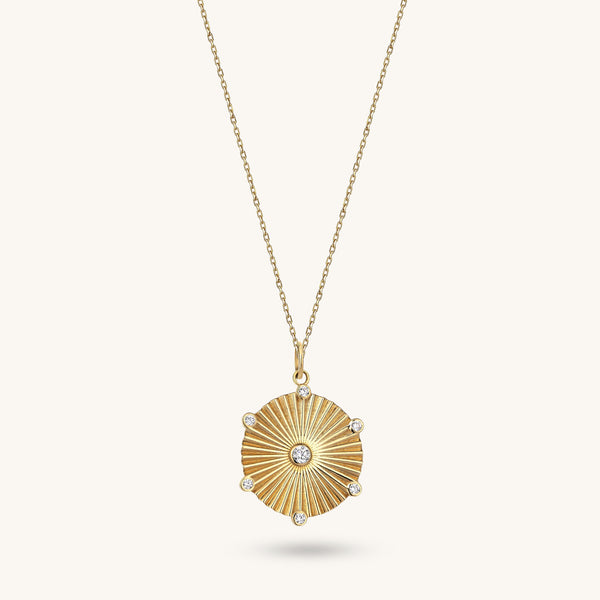 14k Solid Gold Pave Sun Coin Pendant for Women