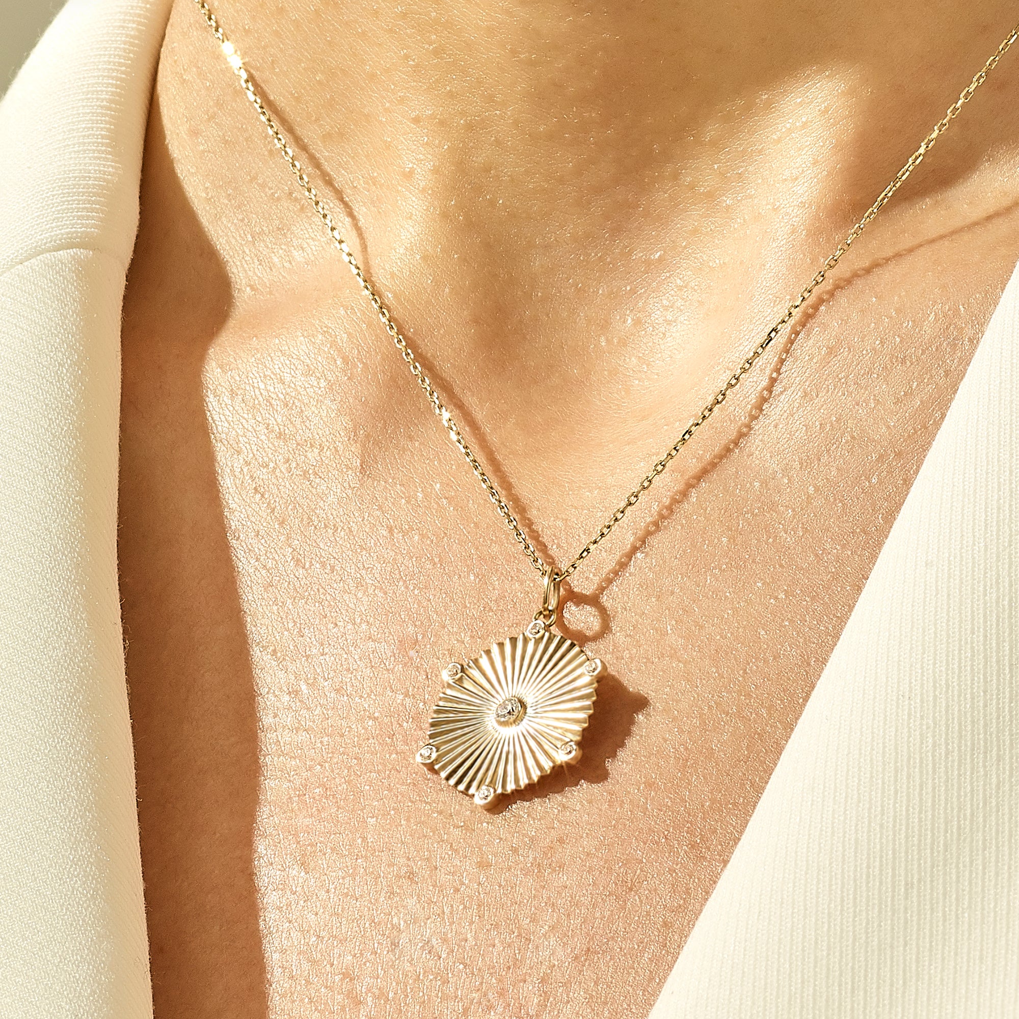 14k Solid Yellow Gold Pave Sun Coin Pendant for Women