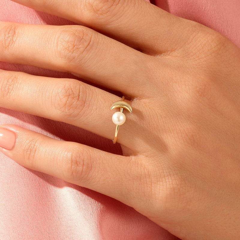 14k Real Yellow Gold Celestial Moon and Pearl Ring for Women