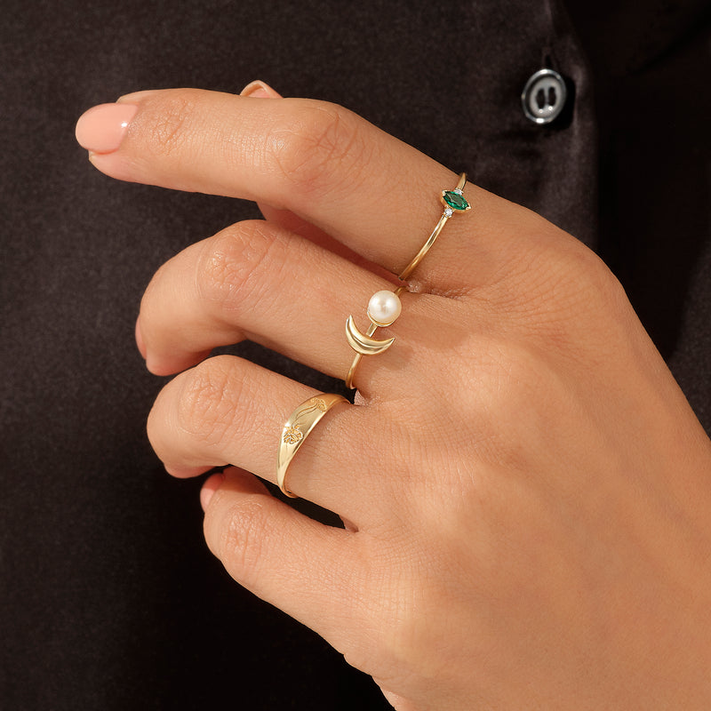 Dainty Pearl and Moon Ring in 14k Real Yellow Gold