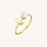 Women's Crescent Moon and Pearl Ring in 14k Gold