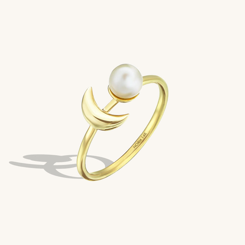Women's 14k Solid Gold Pearl and Moon Ring