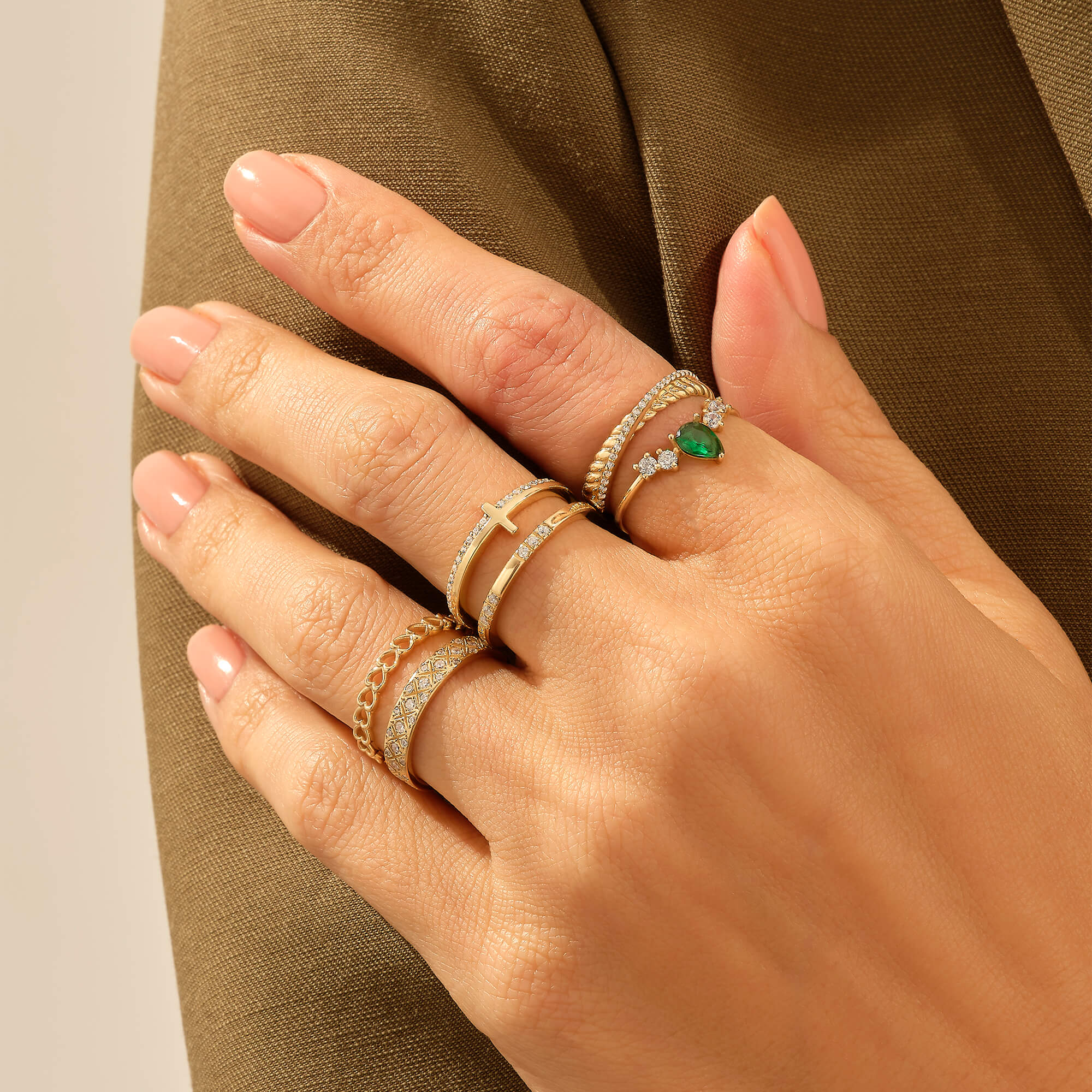 Sideways Cross Stacking Ring with White CZ in 14k Solid Gold