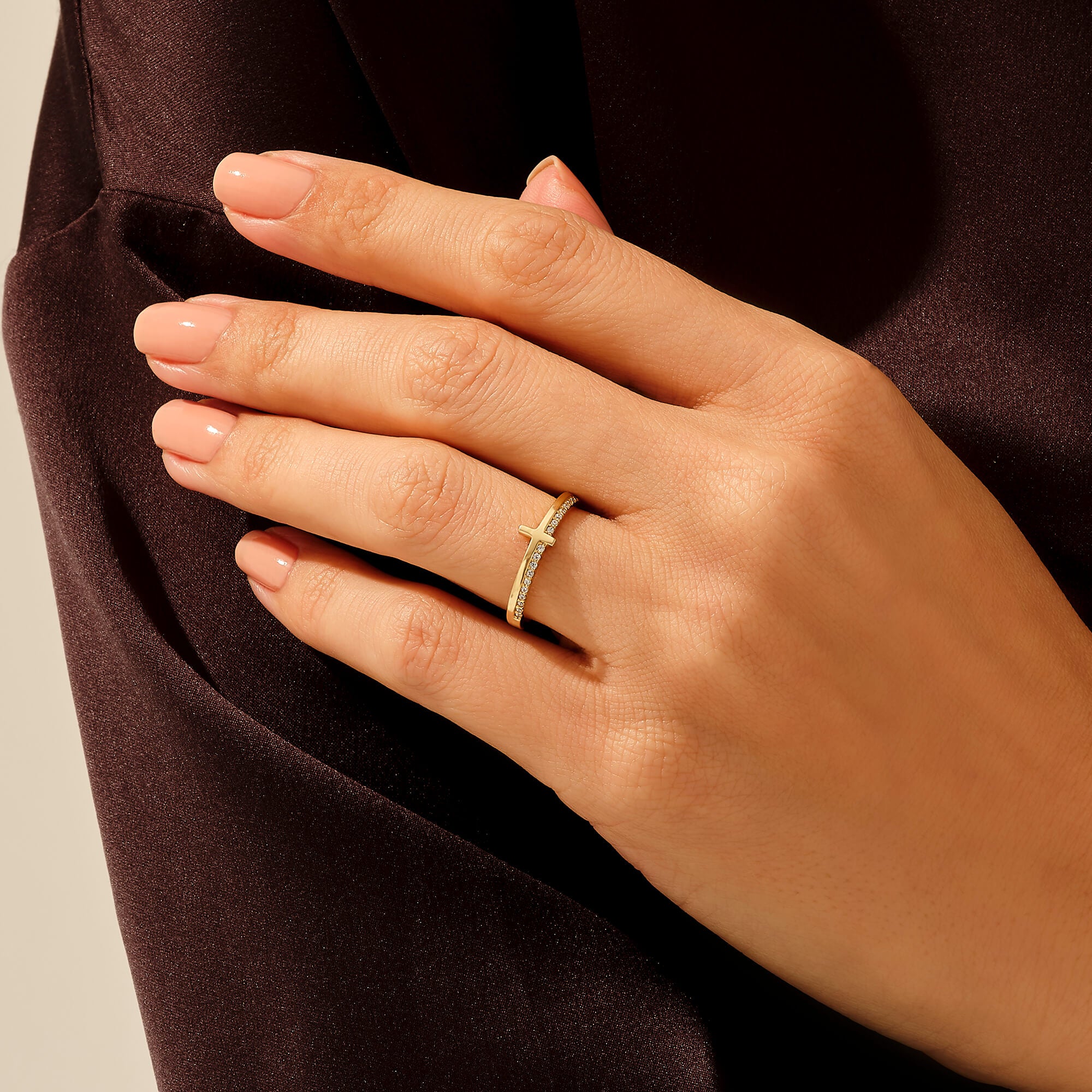14k Gold Pave Cross Band Ring for Women