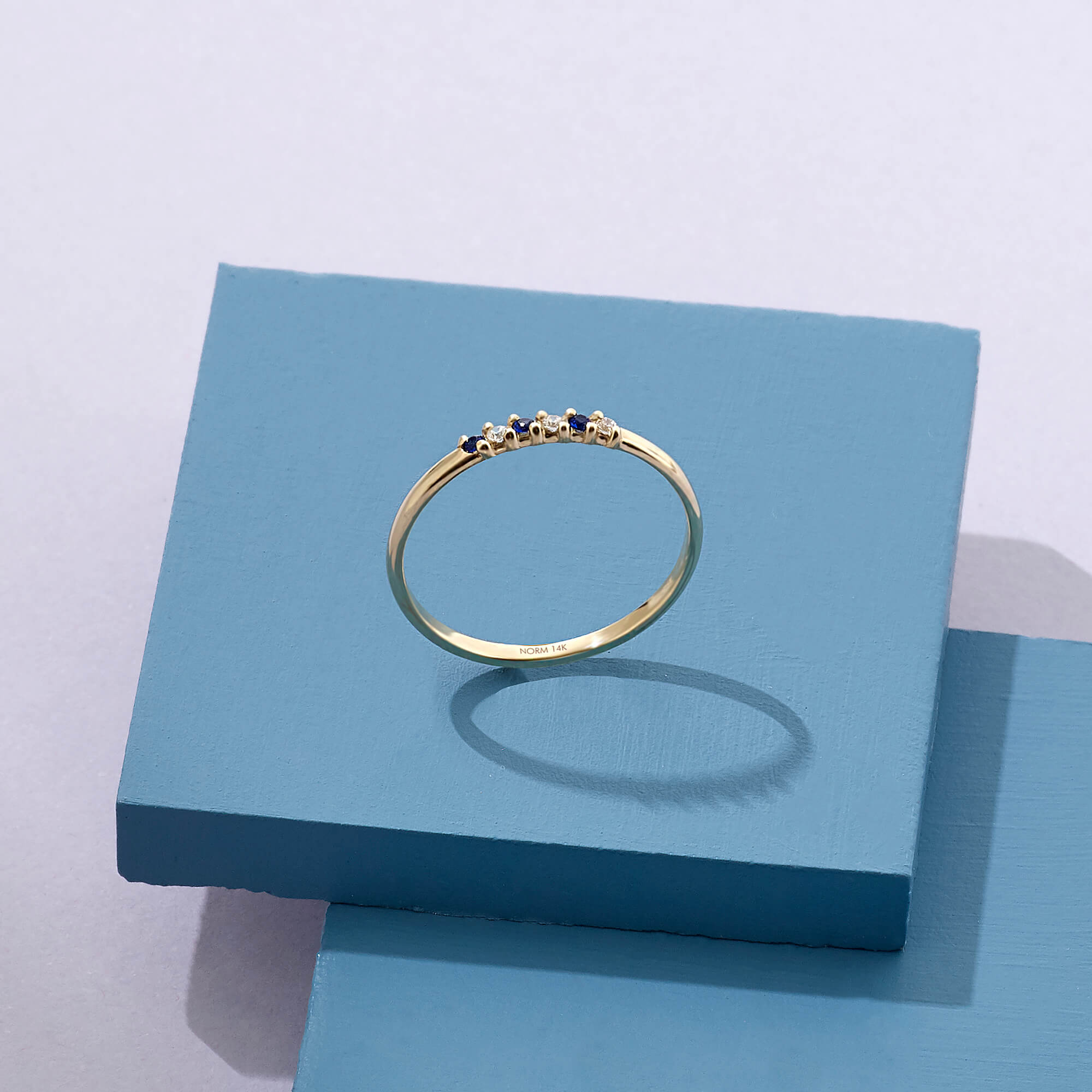 14k Real Yellow Gold Premium Band Ring with Night Blue & White CZ Stones