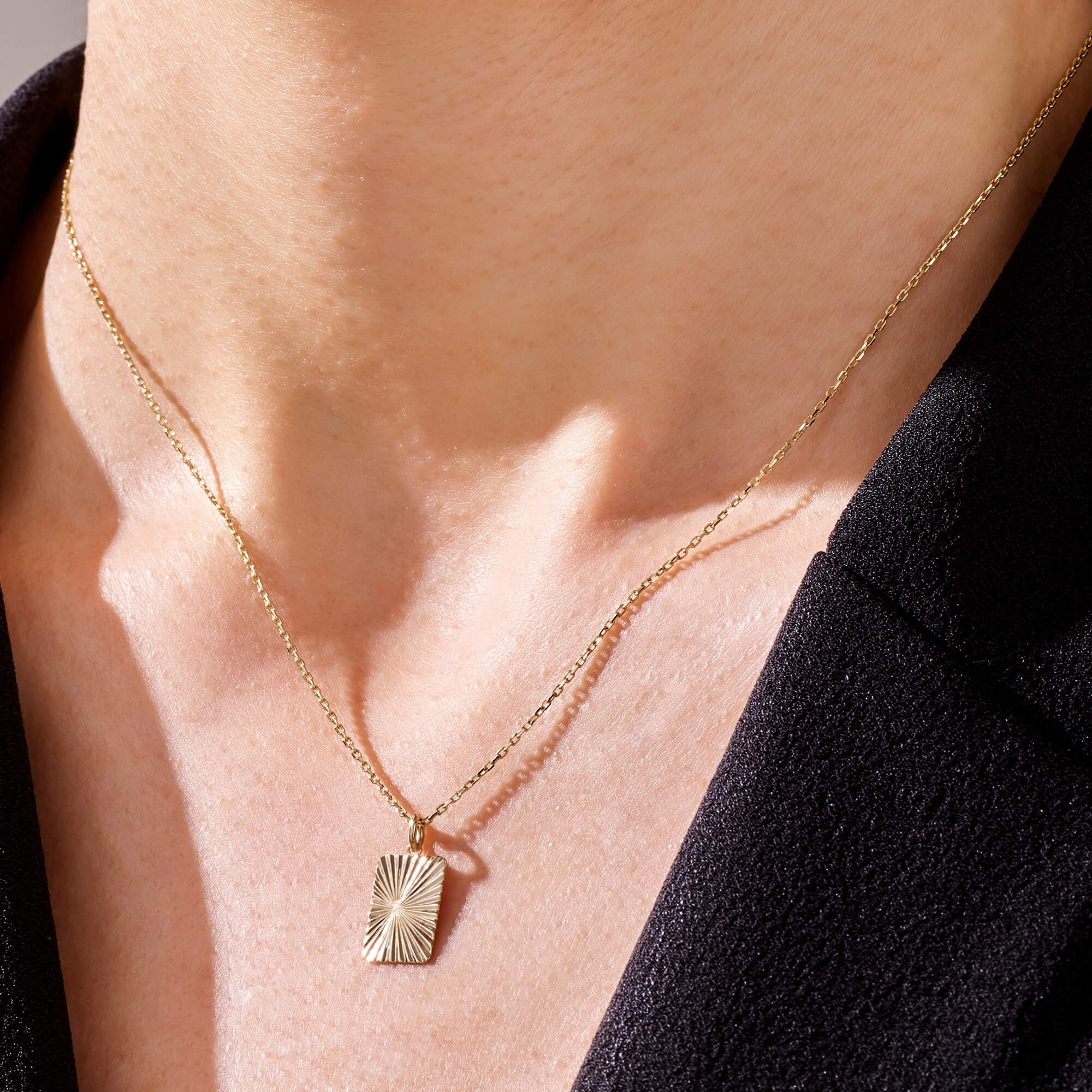 14k Solid Gold Rectangle Sun Pendant Necklace for Women with Model
