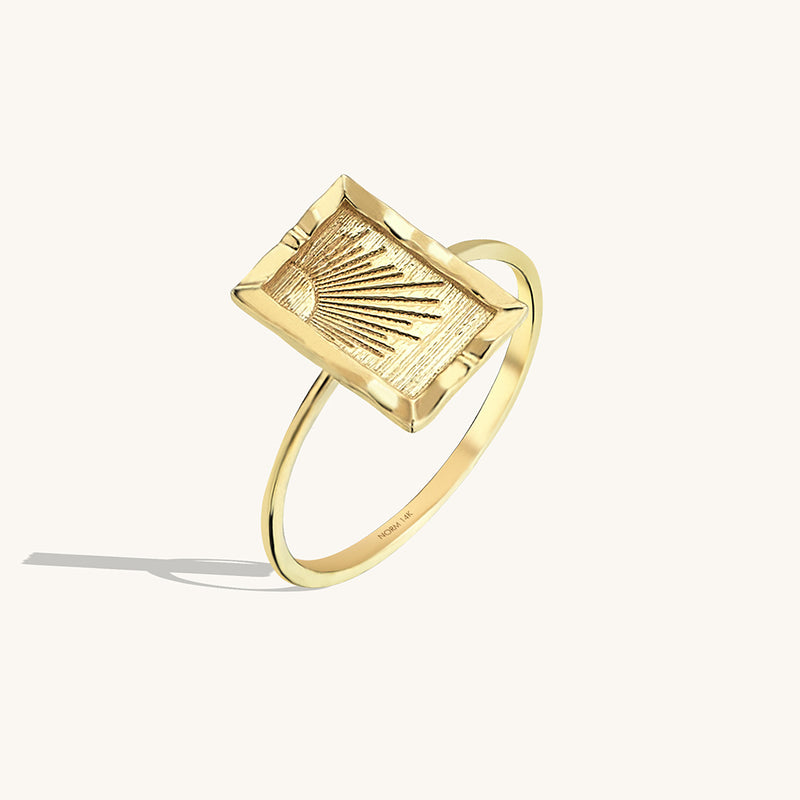 Real Yellow Gold Sun Ray Engraved Rectangular Ring for Women