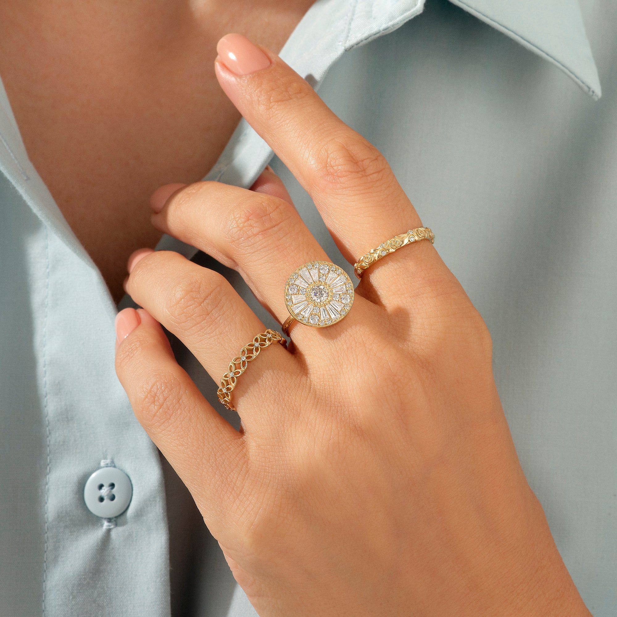 14k Solid Gold Large Round Mosaic Ring for Women