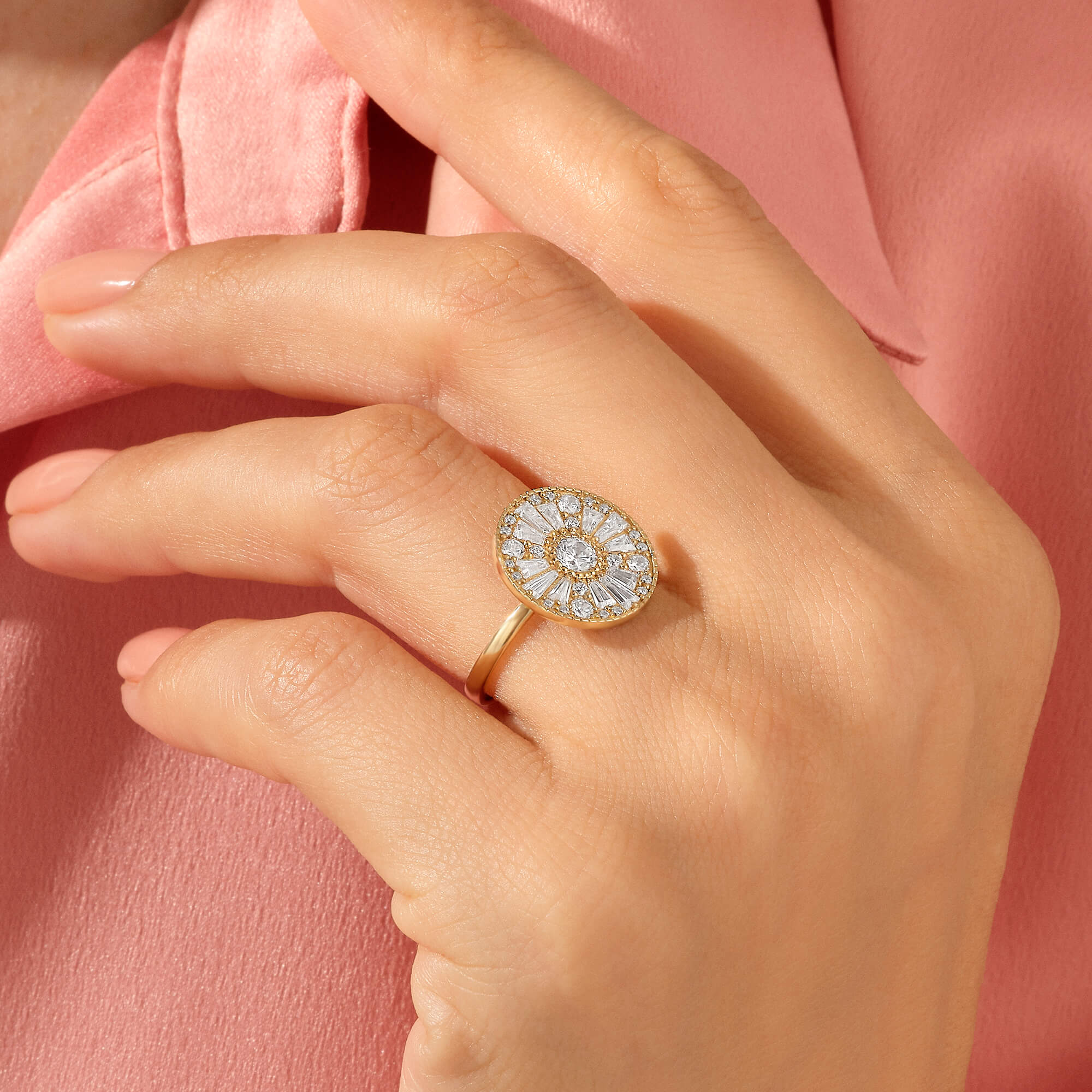 14k Real Gold Large Round Mosaic Ring for Women