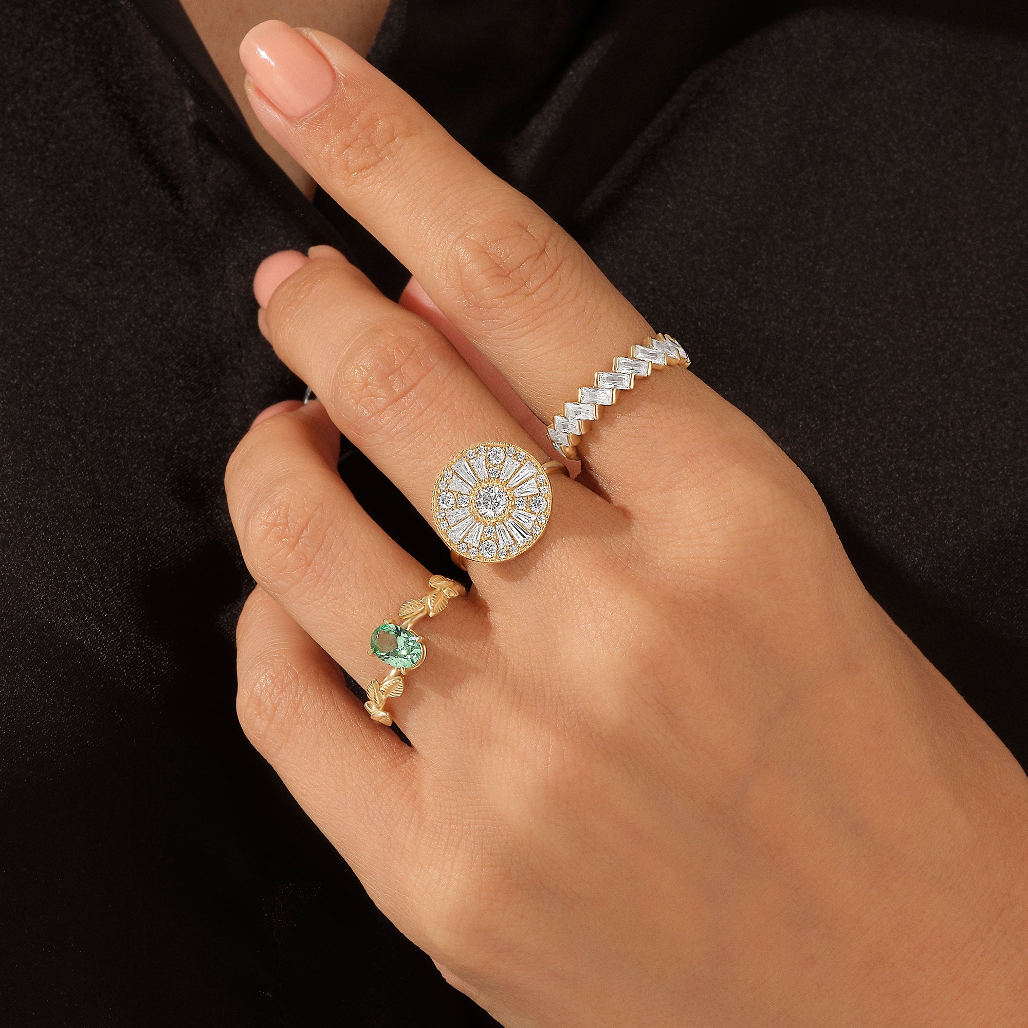 Women's Round Design Mosaic Ring in 14k Real Yellow Gold