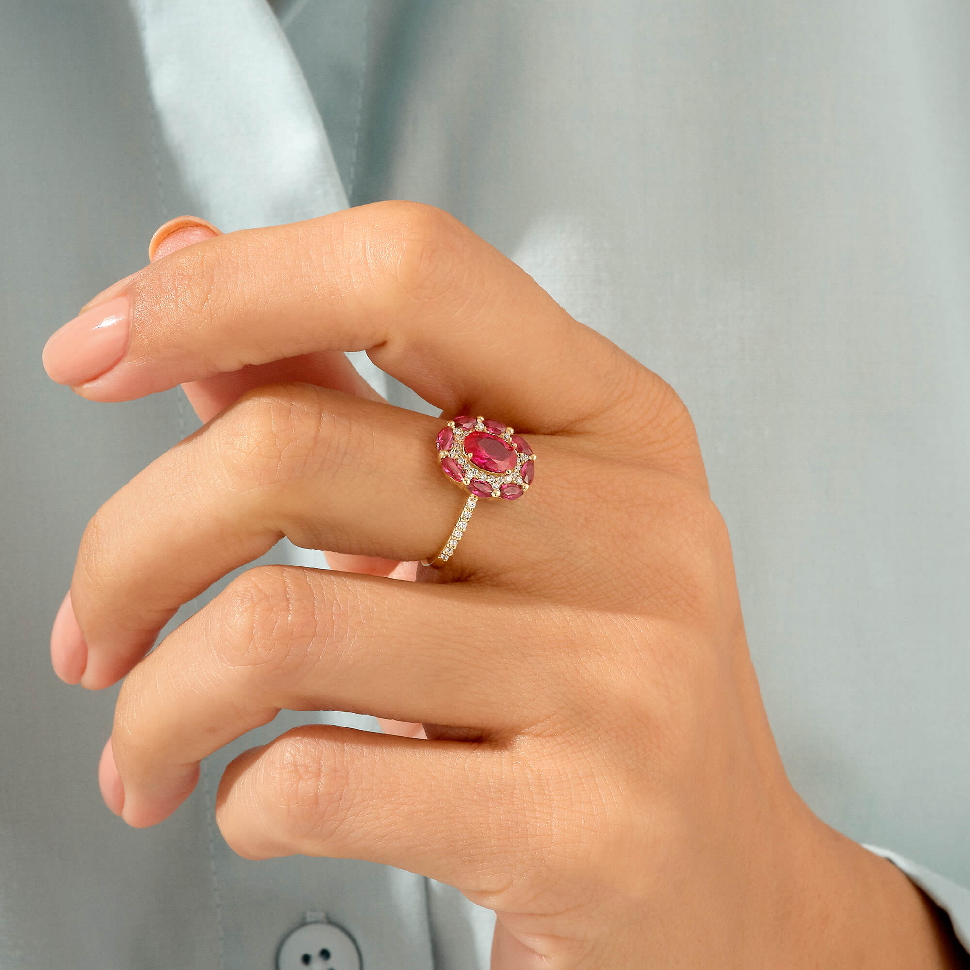14k Real Gold Ruby Flower Statement Ring for Women