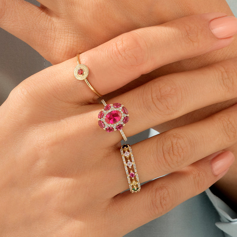 Women's Floral Statement Ring with Ruby Colored Stones
