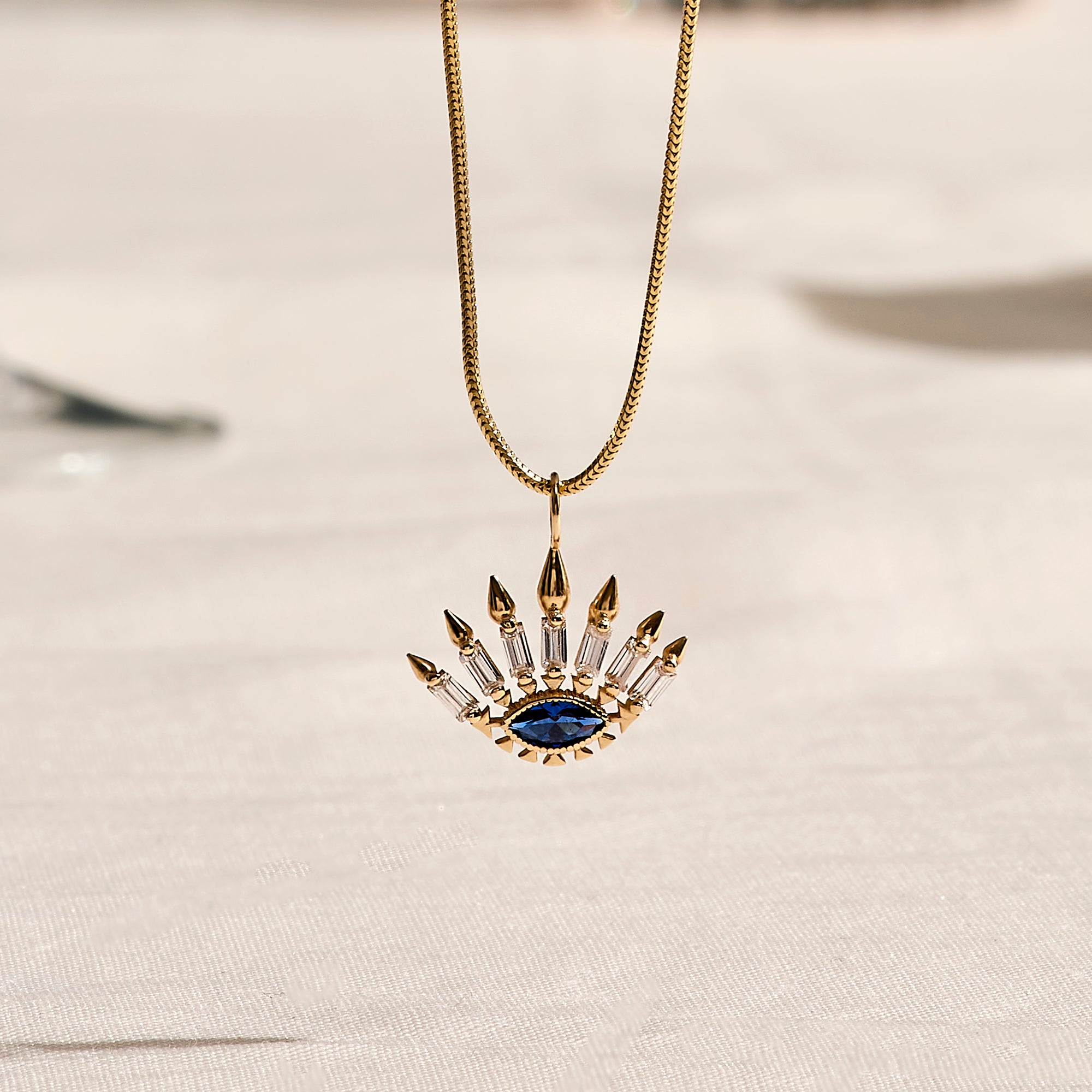 Women's Sapphire Evil Eye Pendant in 14k Solid Yellow Gold
