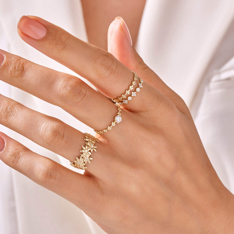 Solitaire Vine Stacking Ring in 14k Solid Yellow Gold
