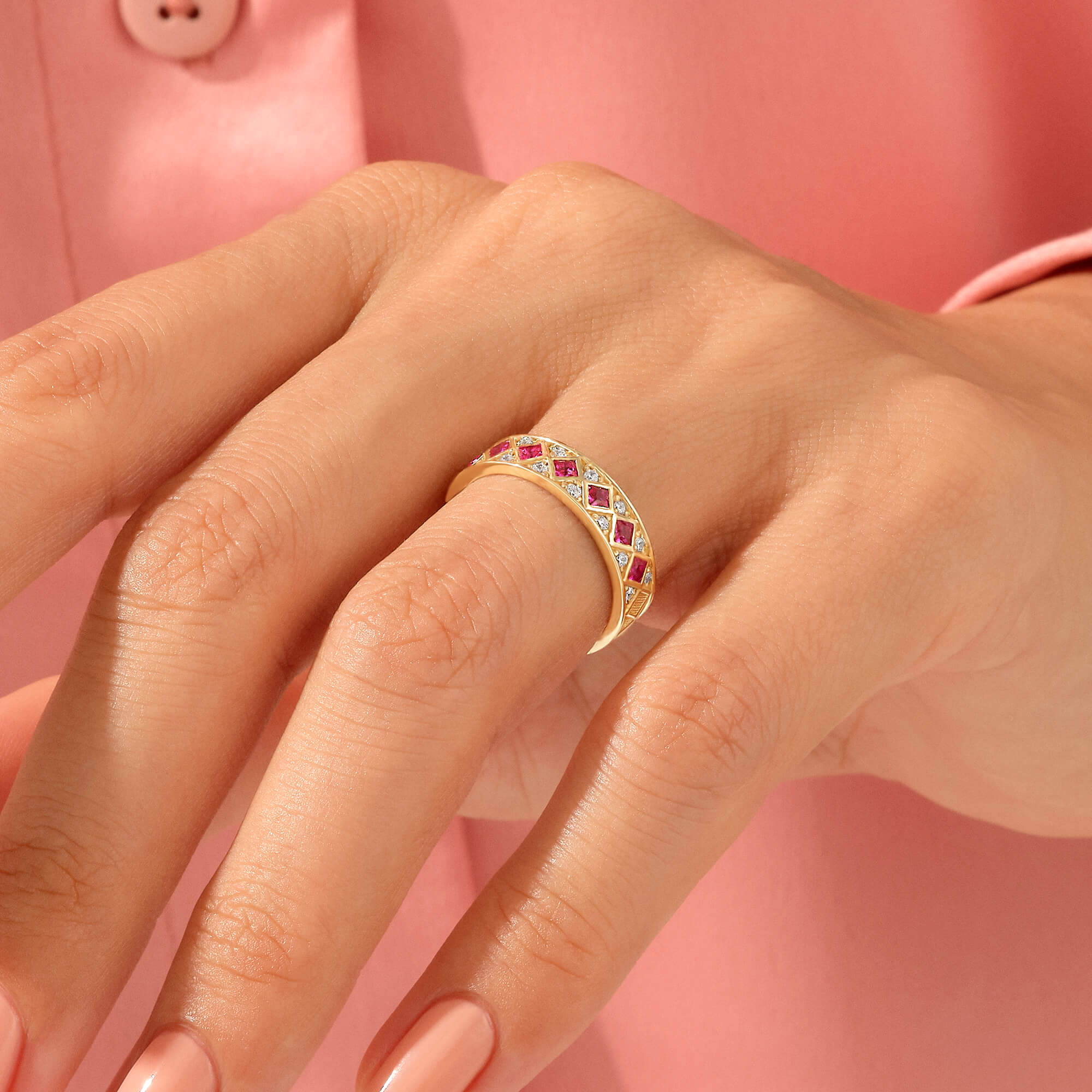 14k Gold Square Ruby Half Eternity Bold Band Ring