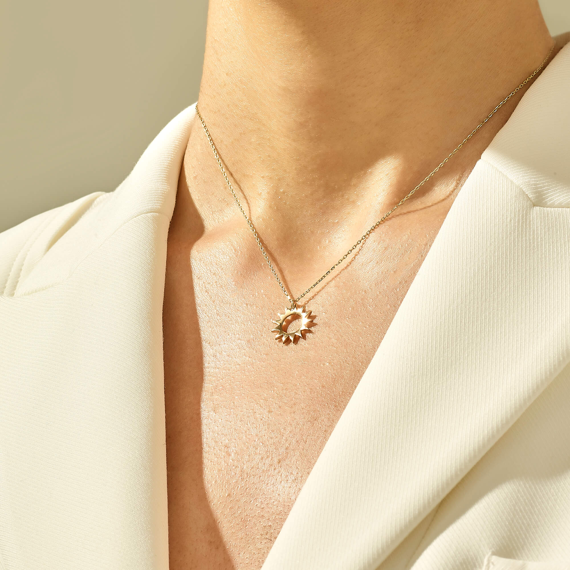 14k Real Yellow Gold Small Sun Pendant Necklace for Women