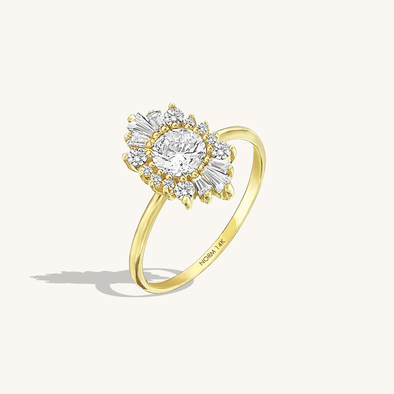 Women's Sunburst Halo Tapered Baguette Engagement Ring in 14k Gold