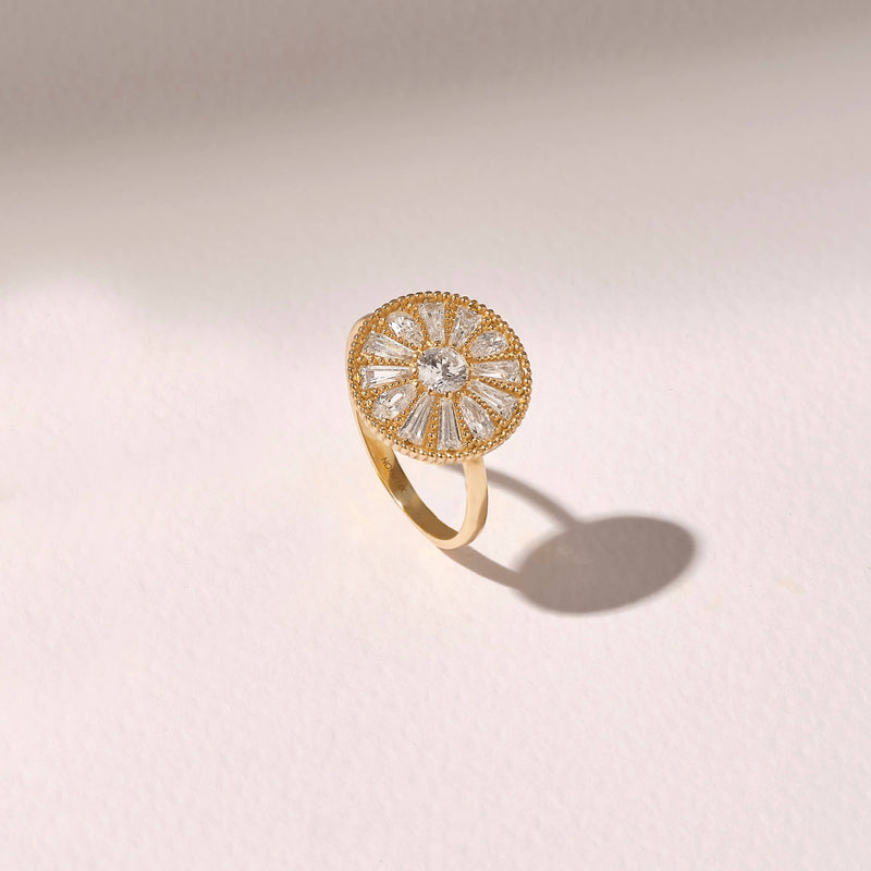 Women's Sunburst Design Mosaic Ring in 14k Real Yellow Gold