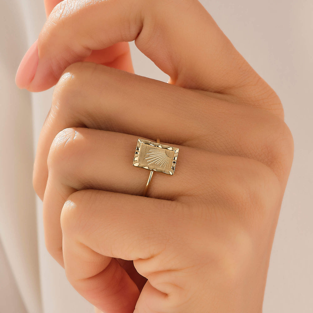Real Yellow Gold Sun Ray Engraved Rectangular Ring for Women