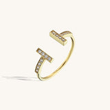 Women's T Open Ring Paved with White CZ in 14k Solid Gold