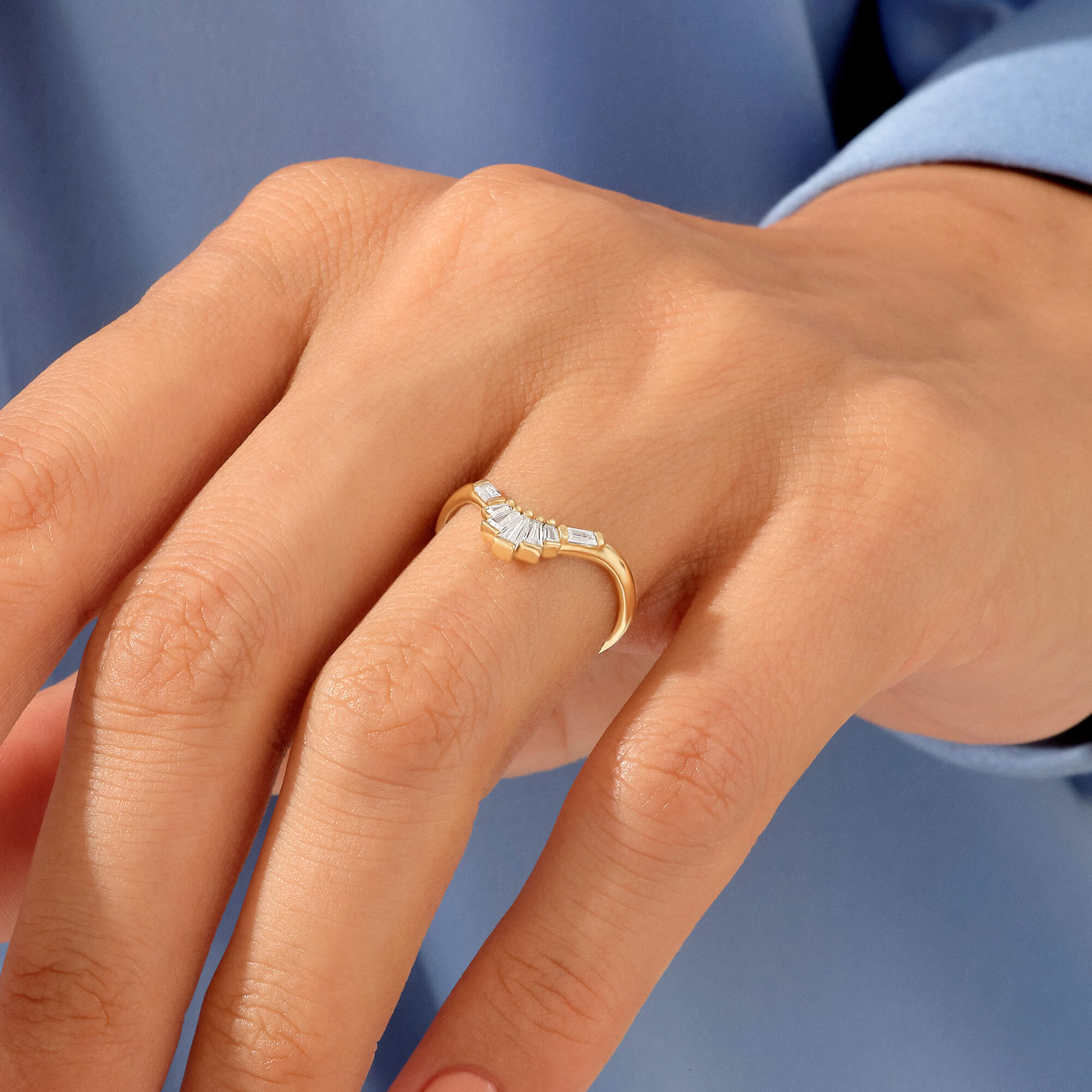 14k Solid Gold Dainty Tapered Baguette Curved Wedding Ring