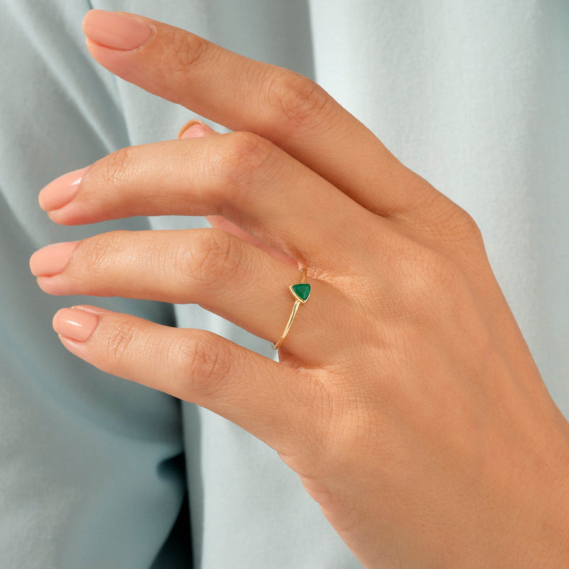 14k Solid Gold Triangle Green Agate Solitaire Stacking Ring